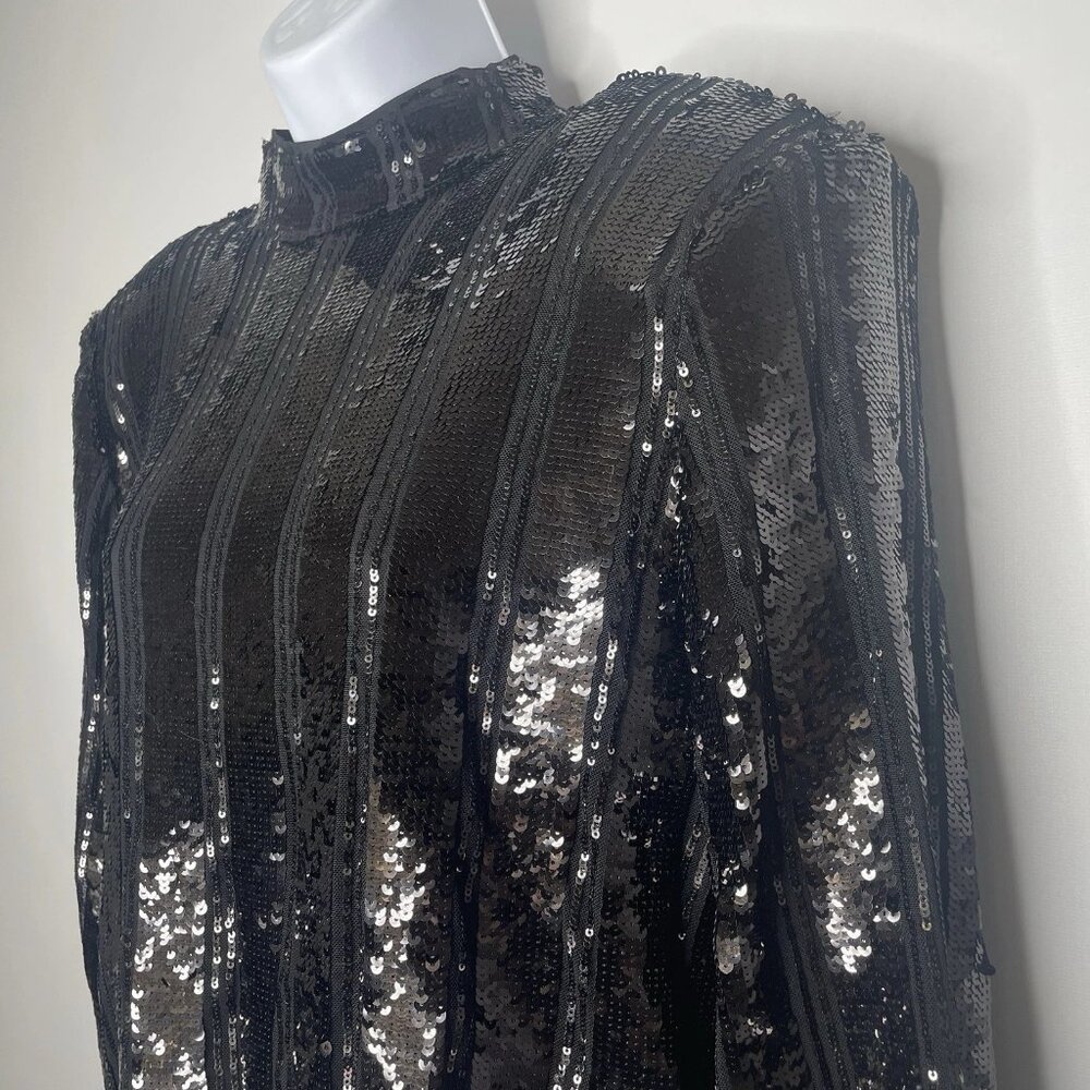 Express Black Sequin Statement Blouse Top Size S Mock Neck Padded Shoulders - Picture 6 of 8
